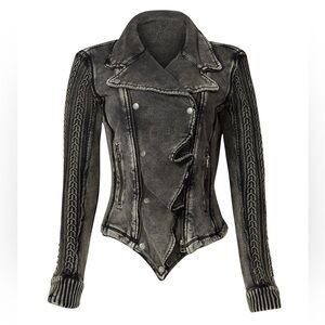 EDIKTED Ruffle Front Cable Knit Moto Sweater Jacket